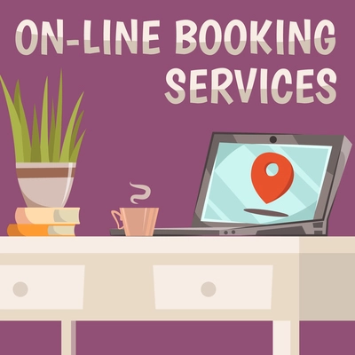 Online booking services composition with the ability to book anything through your computer vector illustration