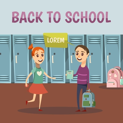 School colored orthogonal background with friends close to the school lockers in the hallway vector illustration