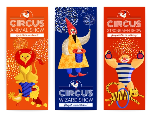 Set of vertical banners with advertising of circus show with magician, strongman, trained animals isolated vector illustration