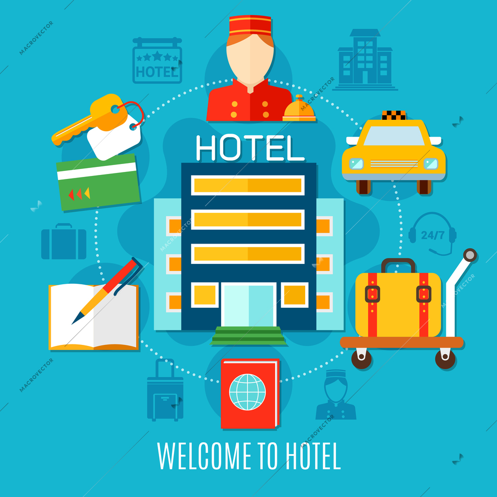 Welcome to hotel design concept with bellman figurine room keys taxi car cart with suitcase flat icons vector illustration
