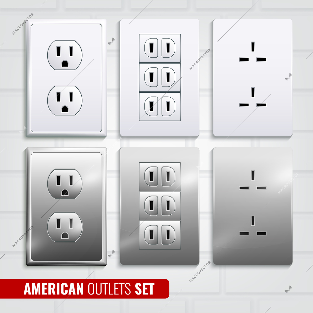 Set of american outlets at white plastic plates isolated on light brick wall background 3d vector illustration
