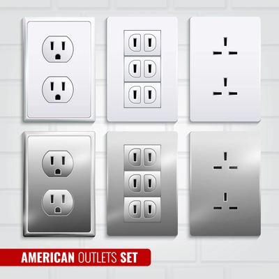 Set of american outlets at white plastic plates isolated on light brick wall background 3d vector illustration