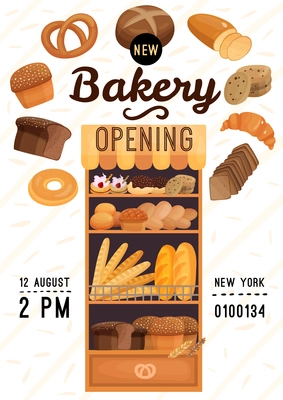 Bakery opening poster with flour products including bread, pastry on wooden shelves on light background vector illustration