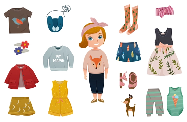 Flat isolated baby girl fashion icon set with stylish little girl and his different clothes vector illustration