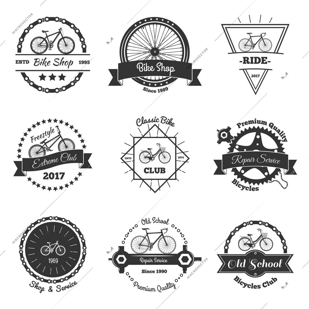 Bicycle vintage emblems set of isolated oldschool style bike club labels with decorative shapes and text vector illustration