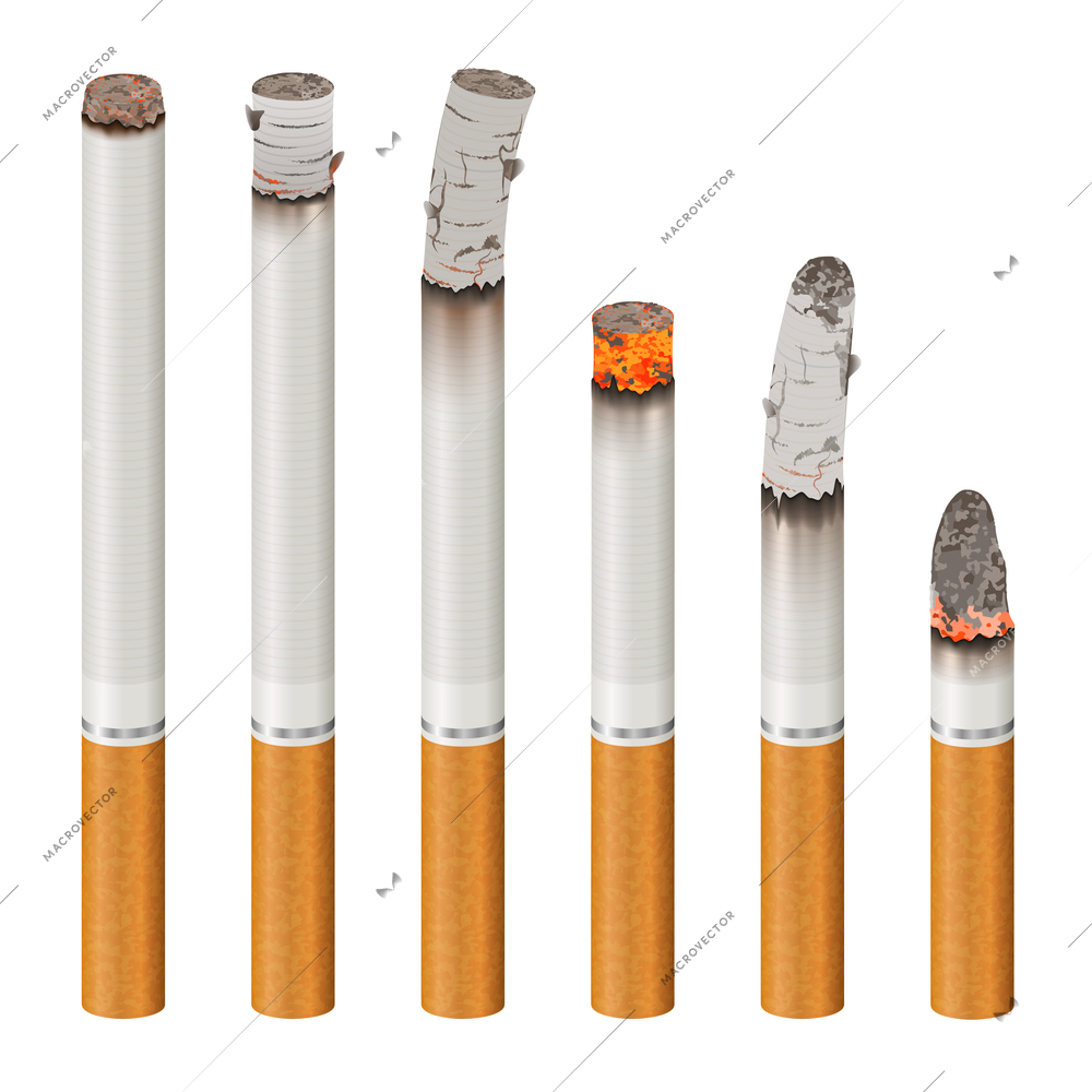 Set of realistic cigarettes with ash, orange filter, stages of burn isolated on white background vector illustration