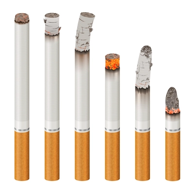 Set of realistic cigarettes with ash, orange filter, stages of burn isolated on white background vector illustration