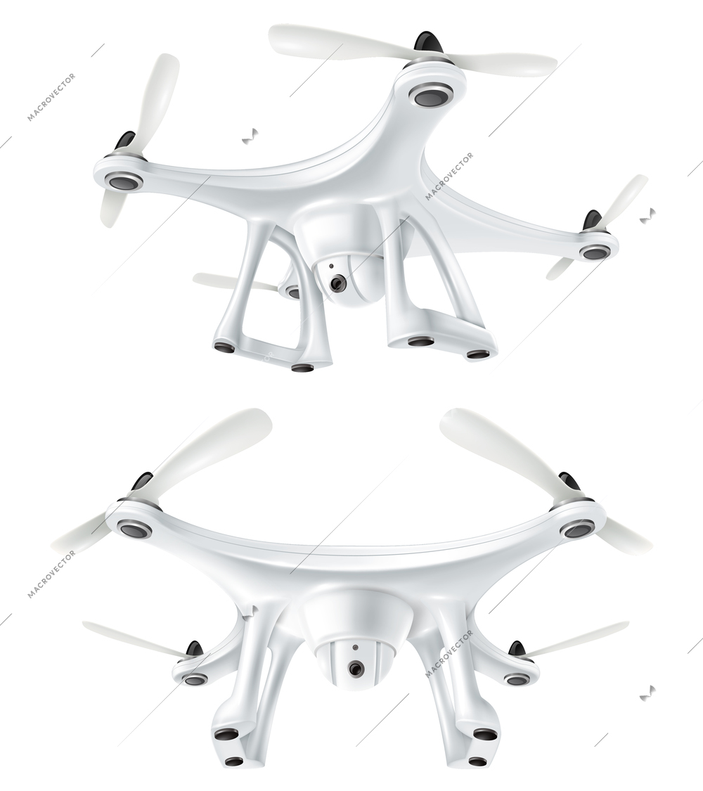 Realistic set of two modern unmanned flying drones with camera isolated on white background vector illustration