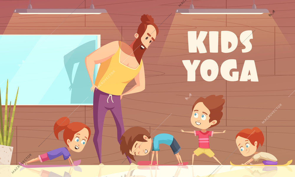 Kids yoga training vector illustration with learning instructor and children in different sport poses flat cartoon vector illustration