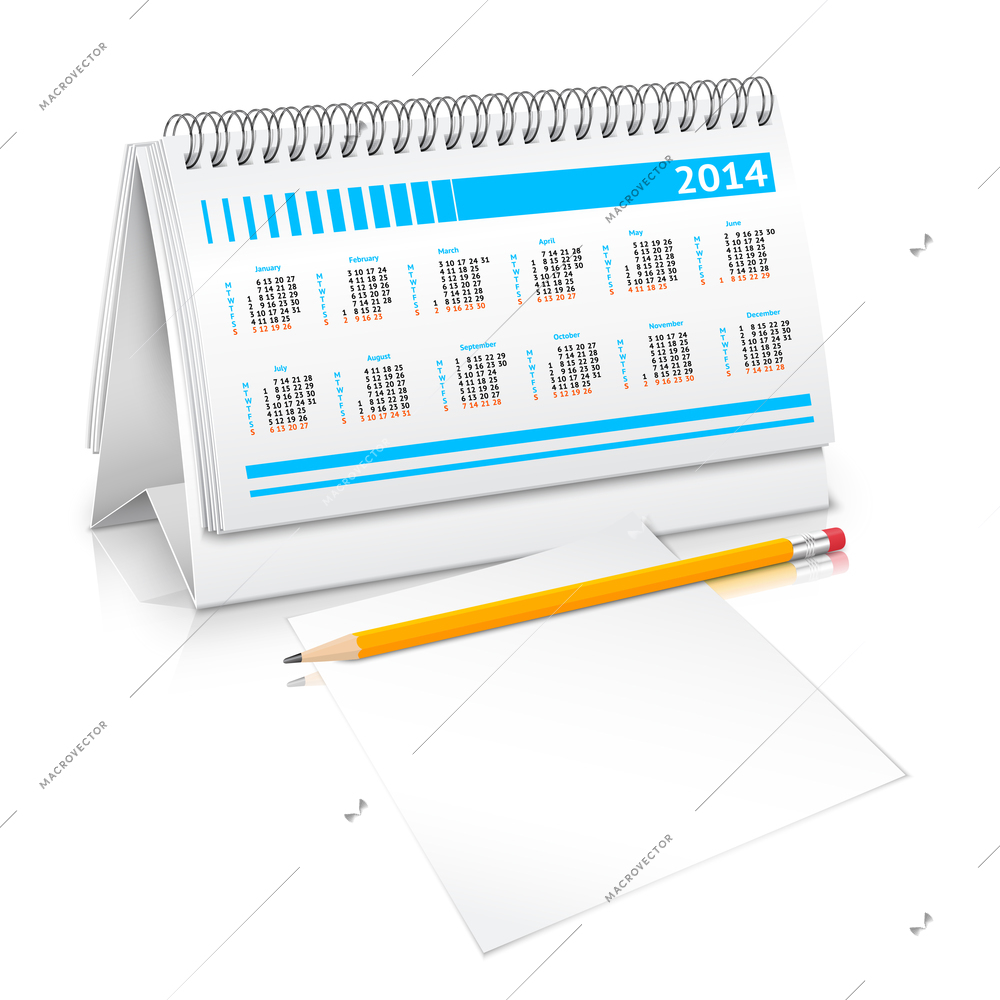 Spiral desk business office calendar planner mockup with pencil and paper sheet vector illustration