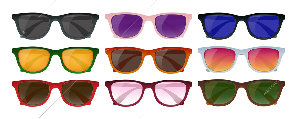 Realistic modern hipster sunglasses of different color set isolated on white background vector illustration