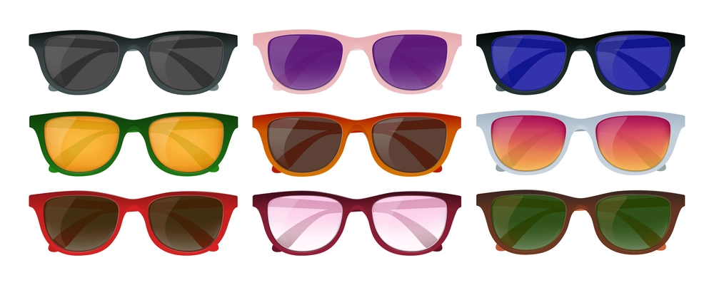 Realistic modern hipster sunglasses of different color set isolated on white background vector illustration