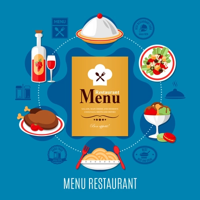 Restaurant menu and various dishes concept on blue background flat vector illustration