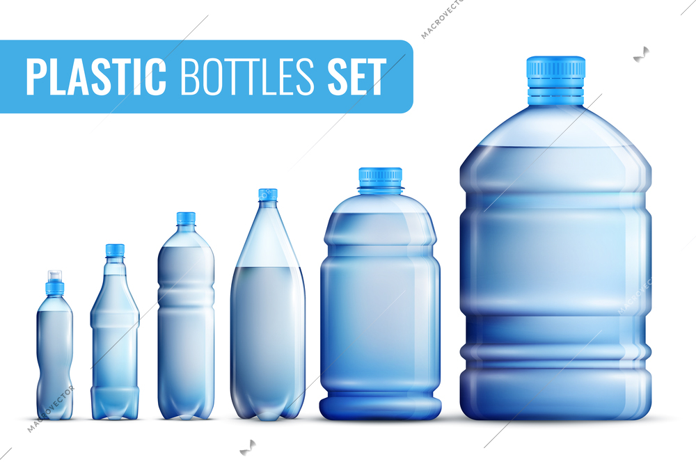 Colored realistic plastic bottles icon set for water in different sizes and for different target audiences vector illustration