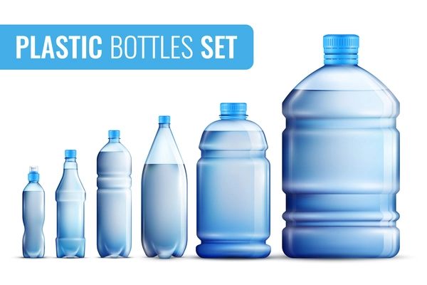 Colored realistic plastic bottles icon set for water in different sizes and for different target audiences vector illustration