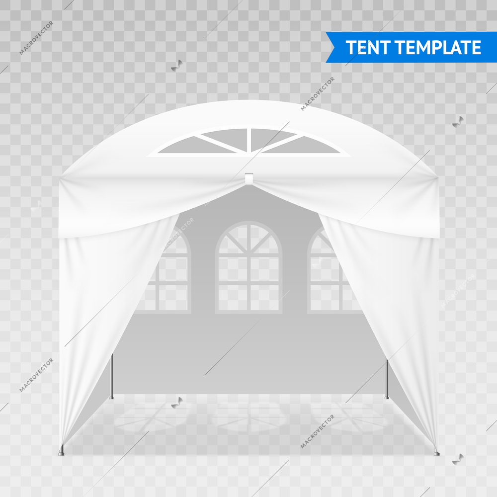 Realistic outdoor tent template with metal poles, domed roof, arched windows isolated on transparent background vector illustration