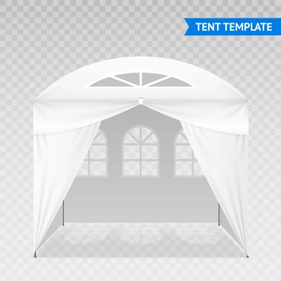 Realistic outdoor tent template with metal poles, domed roof, arched windows isolated on transparent background vector illustration