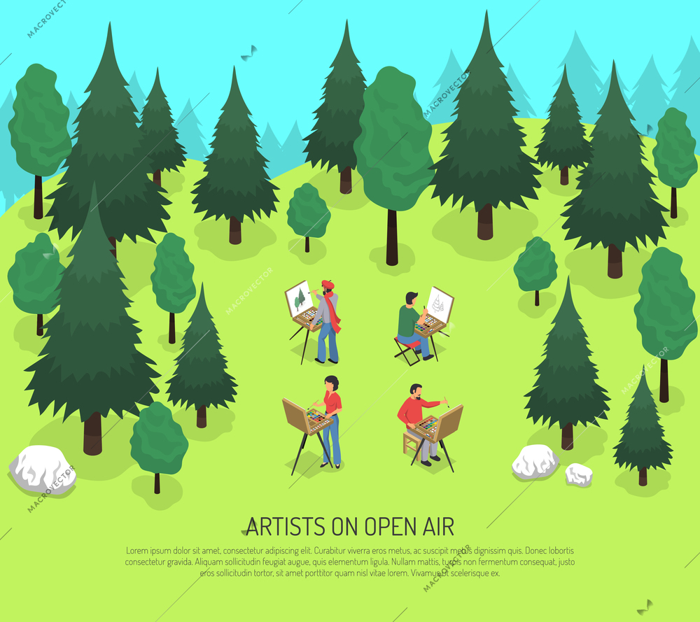 Artists draw nature with equipment and tools on open air at meadow in summer isometric vector illustration