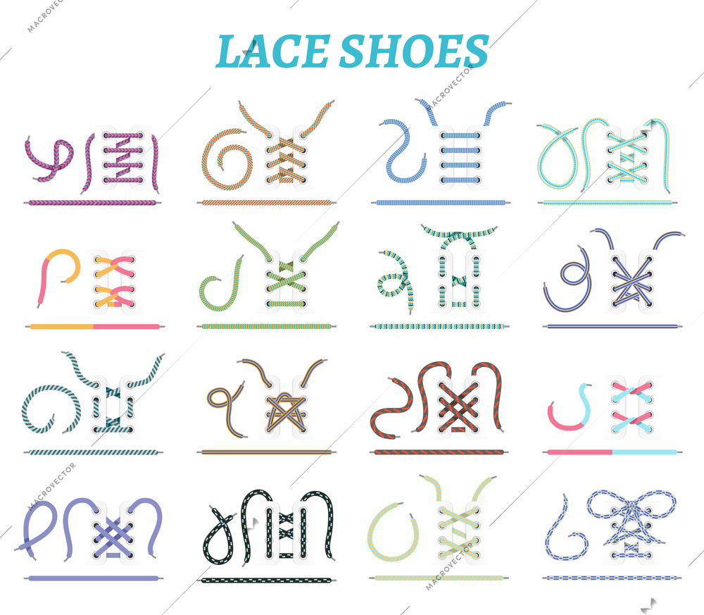 Sport shoes sneakers and boots lacing techniques 16 icons collection for wide narrow feet isolated vector illustration