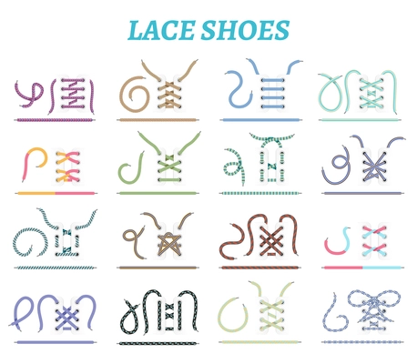 Sport shoes sneakers and boots lacing techniques 16 icons collection for wide narrow feet isolated vector illustration