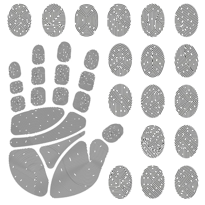 Set of black white prints of fingers and palm with unique details isolated vector illustration