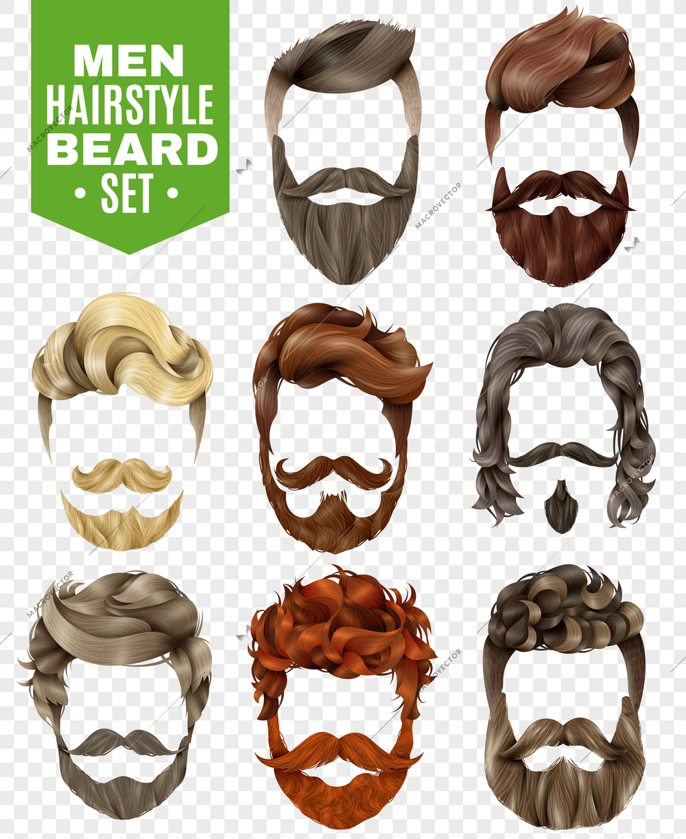 Realistic set of modern styles for male hair and beard of various colors isolated on white background vector illustration