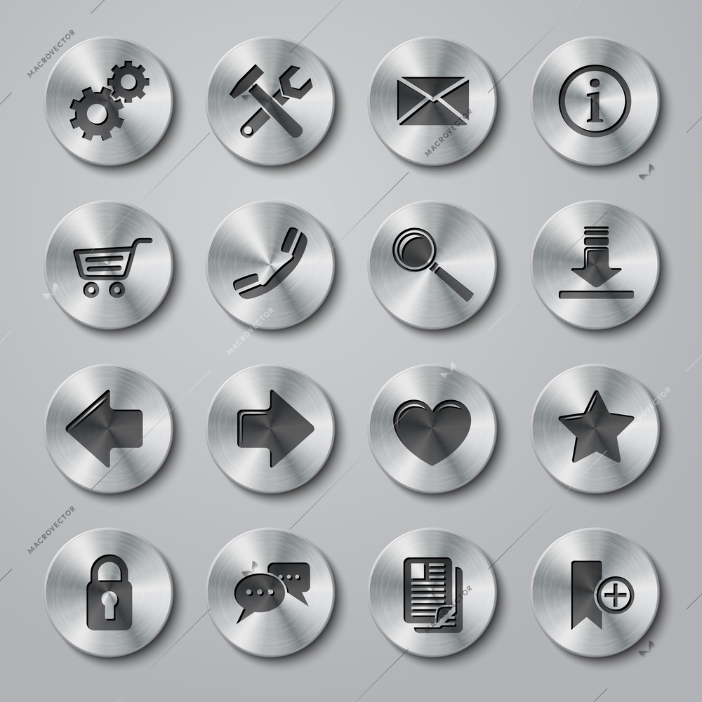 Website internet browser user icons metal buttons style set isolated vector illustration