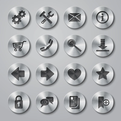 Website internet browser user icons metal buttons style set isolated vector illustration