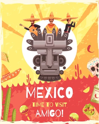 Mexico travel poster with invitation words and mexican ancient mythology and culture symbols flat vector illustration