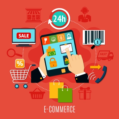 E-commerce round composition with mobile device in hands, purchases online icons on red background vector illustration