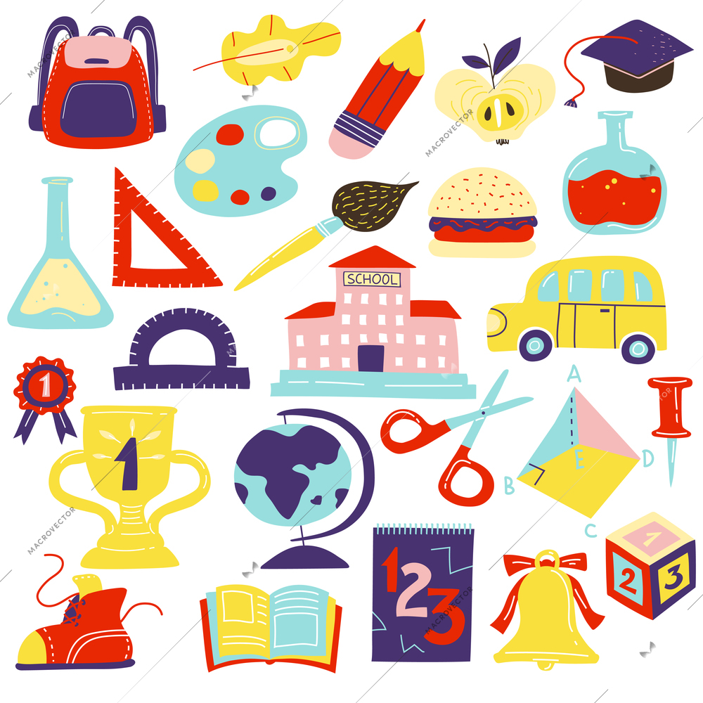 School symbols accessories flat icons set with schoolbus schoolbooks scissors geometrical figures schoolbag bell isolated vector illustration