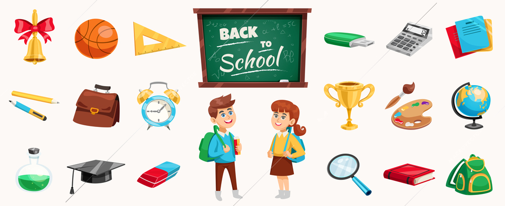 Back to school supplies icons set poster with schoolchildren chalkboard stationary calculator terrestrial globe backpack vector illustration