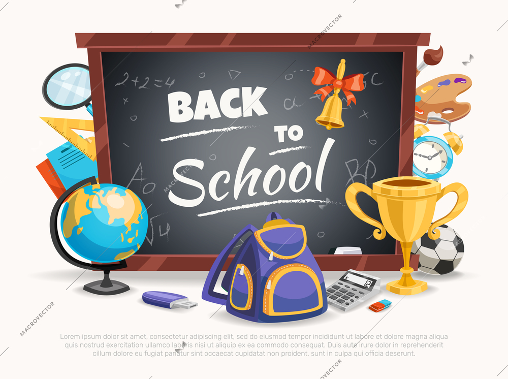 Back to school composition poster with classic black chalkboard terrestrial globe backpack calculator and soccer ball vector illustration