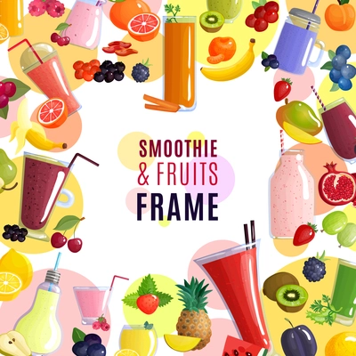 Colored smoothie frame background with a scattering of fresh fruits and beverages vector illustration