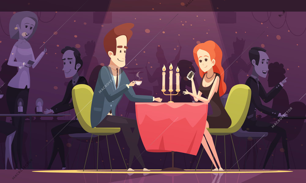 Young couple having romantic dating and drinking coffee at table in restaurant interior flat cartoon vector illustration