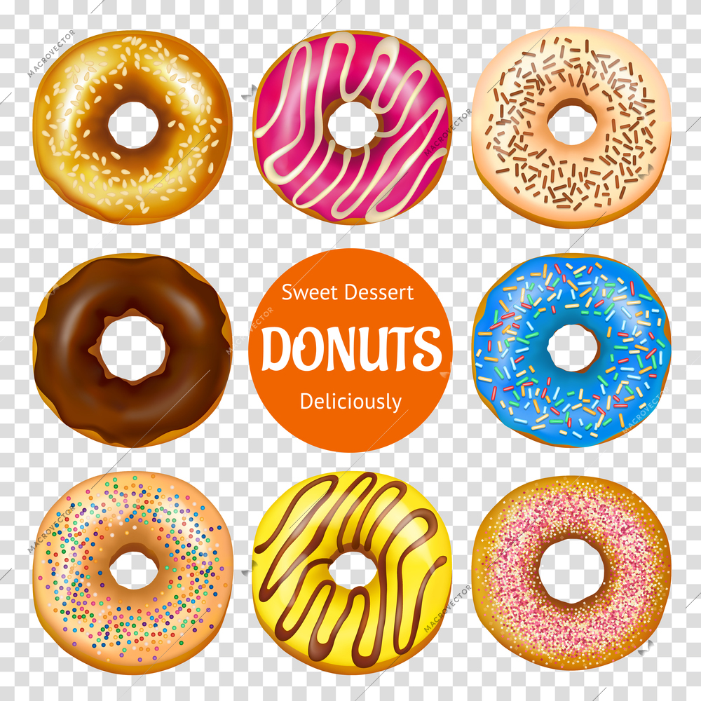 Set of realistic donuts with colorful culinary decoration including chocolate frosting isolated on transparent background vector illustration