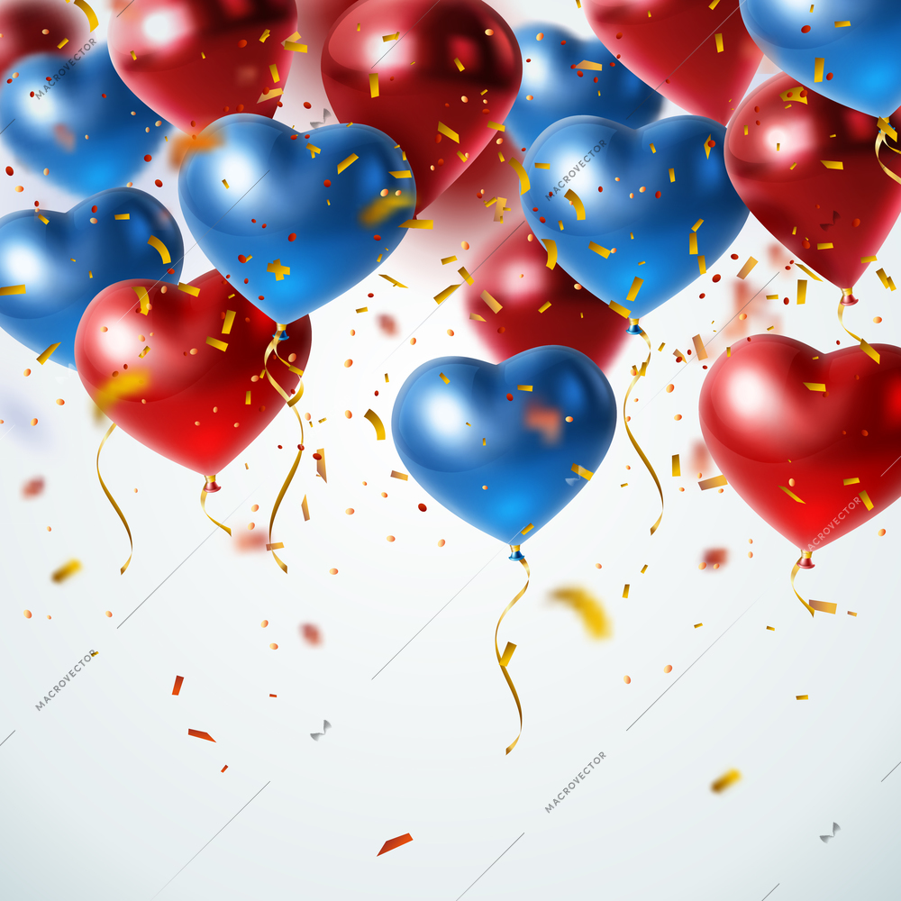 Realistic background with flying glossy blue and red holiday balloons vector illustration