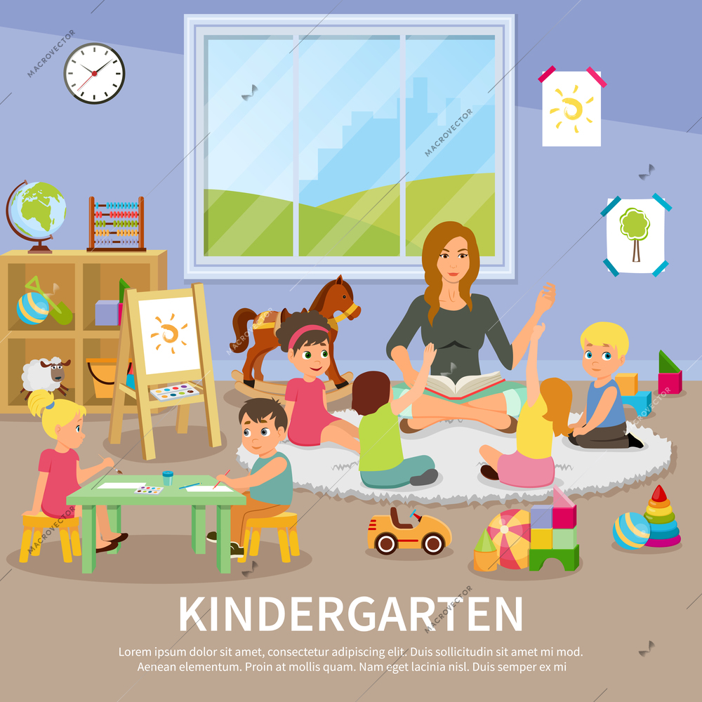 Kindergarten flat composition with educator working with children, kids during drawing, colorful toys, interior elements vector illustration