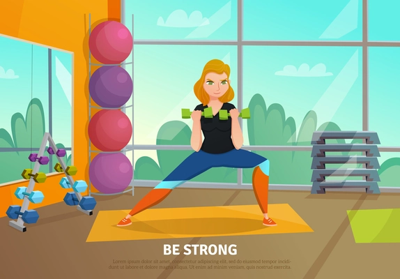 Healthy lifestyle poster with young slim woman training with dumbbells at gym cartoon vector illustration