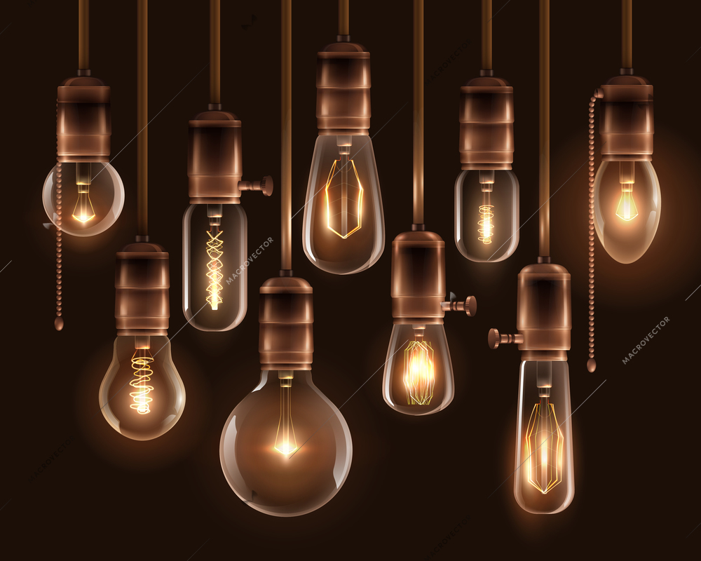 Realistic vintage glowing light bulbs icon set with hanging downward from the ceiling vector illustration