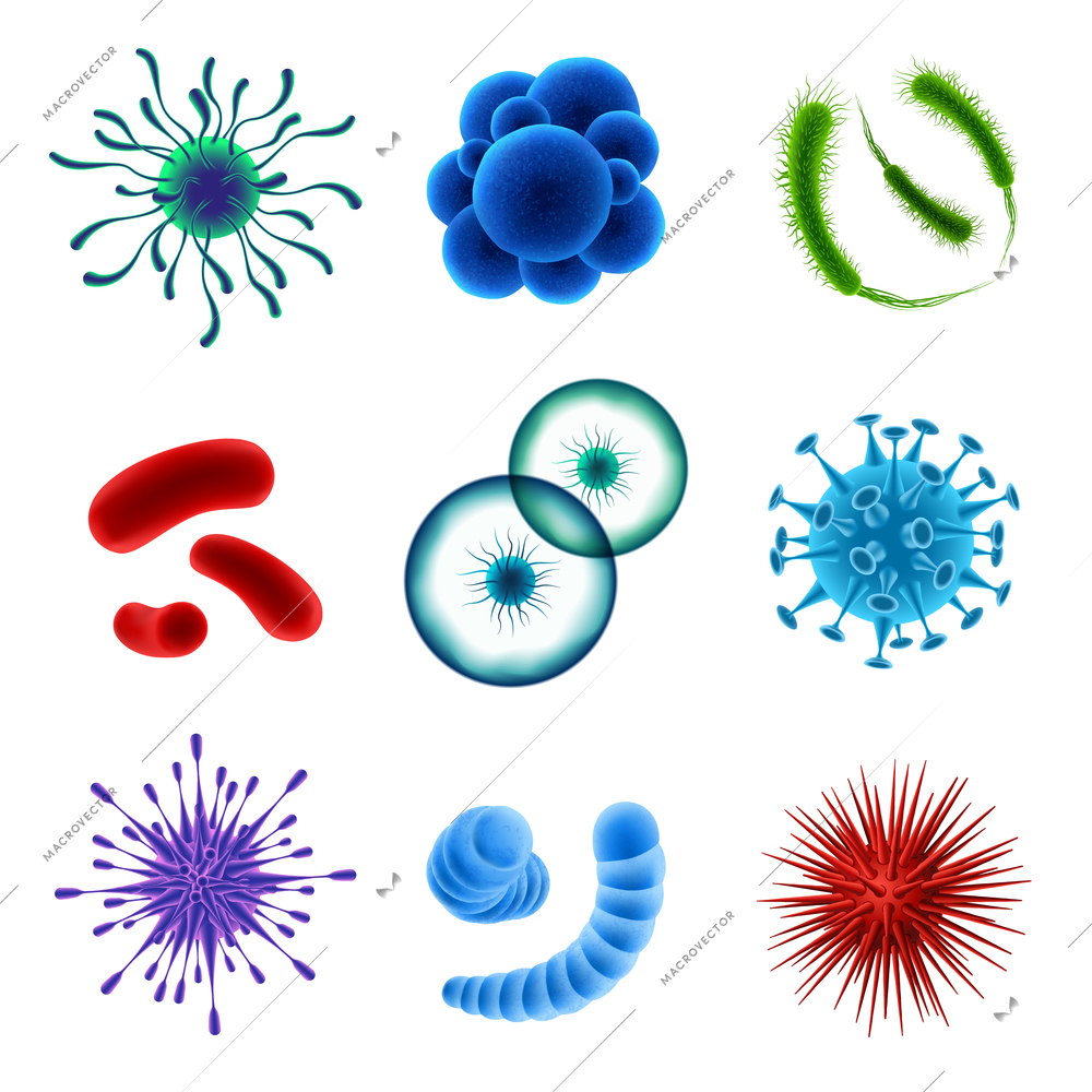 Set of realistic microscopic colorful viruses of various shape on white background isolated vector illustration