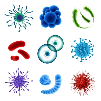 Set of realistic microscopic colorful viruses of various shape on white background isolated vector illustration