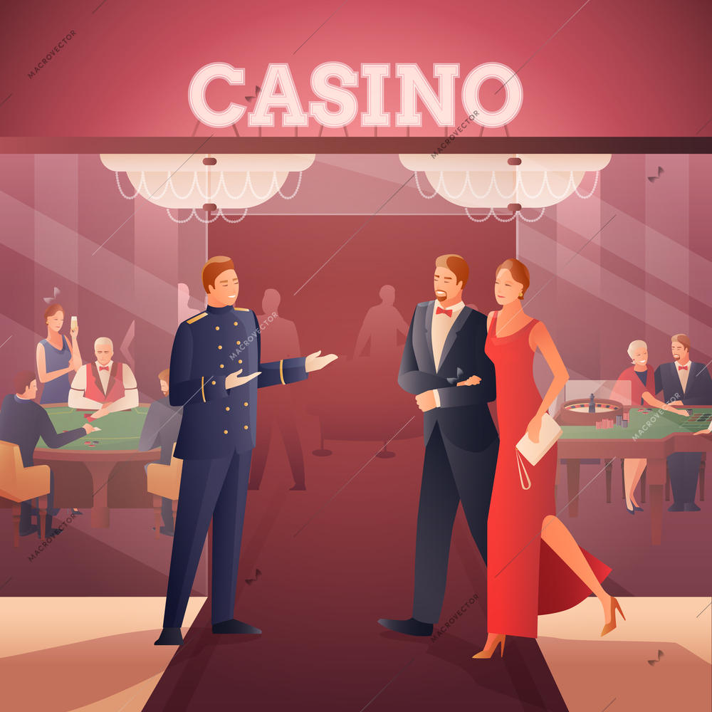 Casino and people with roulette poker symbols flat gradient vector illustration