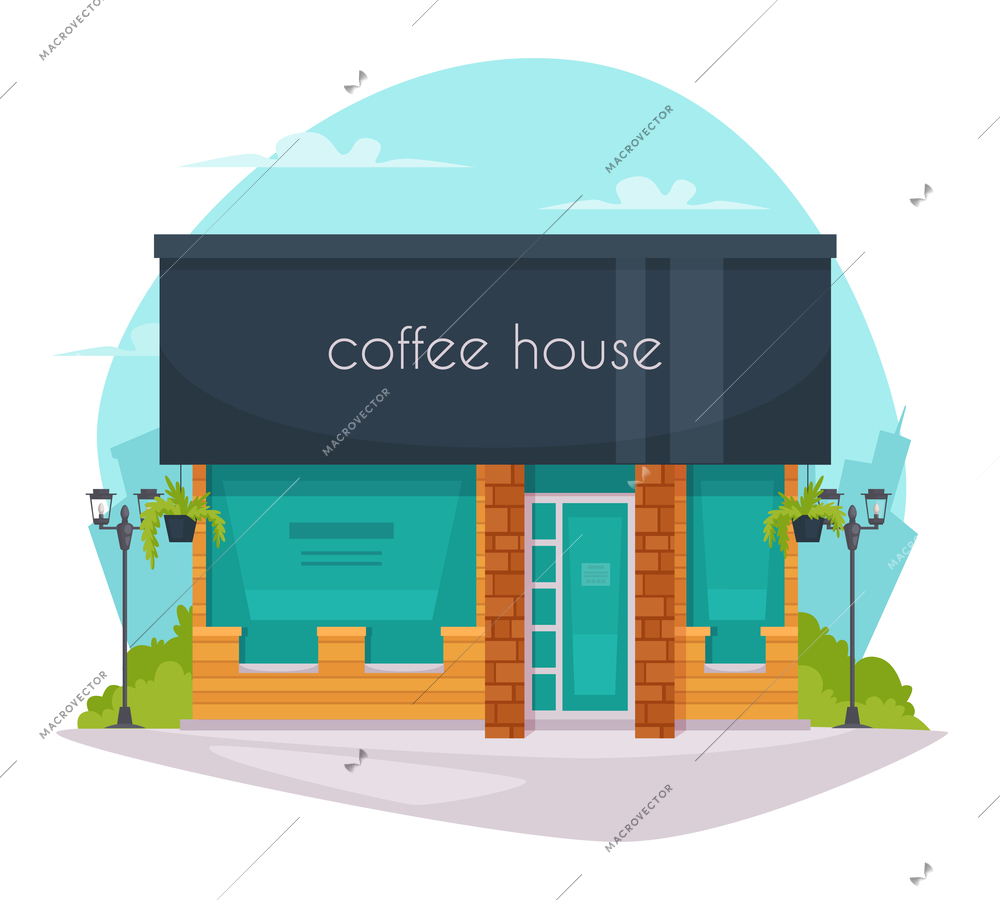 Coffeehouse coffee shop cafe street view flat poster with black roof and large green window panels vector illustration