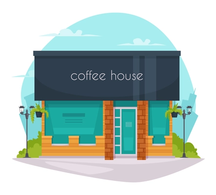 Coffeehouse coffee shop cafe street view flat poster with black roof and large green window panels vector illustration