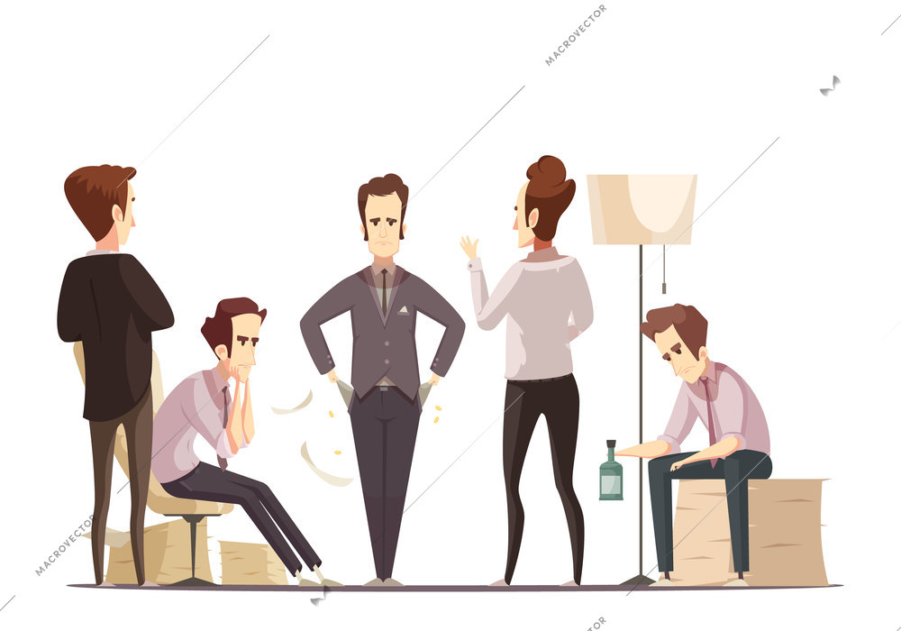 Business failure retro cartoon poster with upset project manager and frustrated partners and team members vector illustration