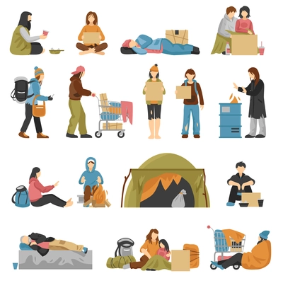 Homeless male and female people with kids begging money set isolated on white background flat vector illustration