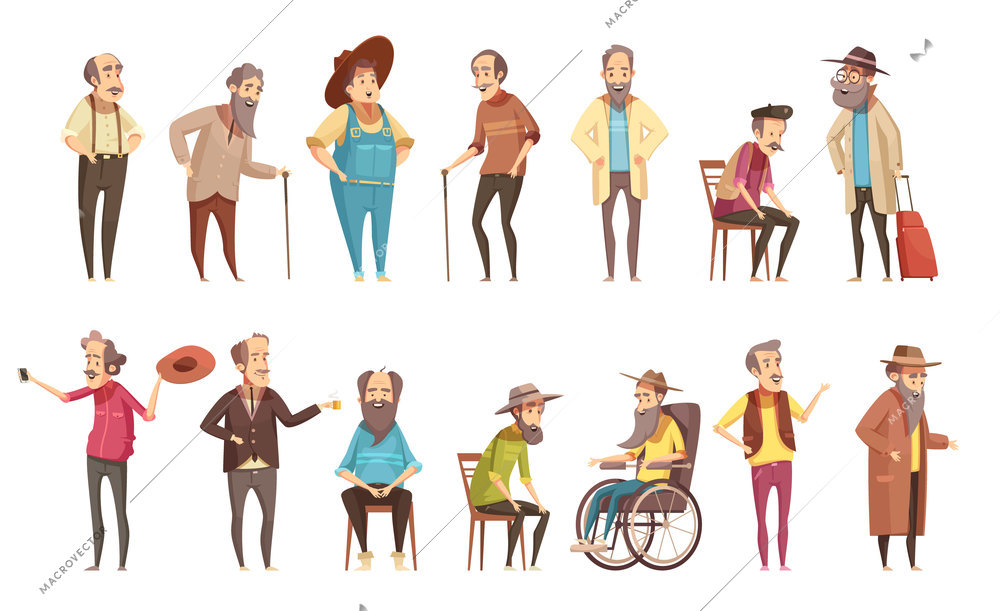 Senior man old disable citizens with walking cane retro cartoon icons 2 banners set isolated vector illustration