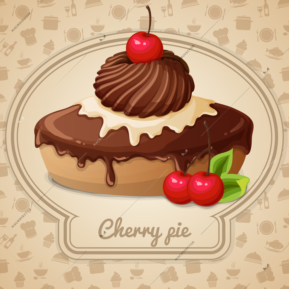 Cherry pie dessert bakery emblem and food cooking icons on background vector illustration