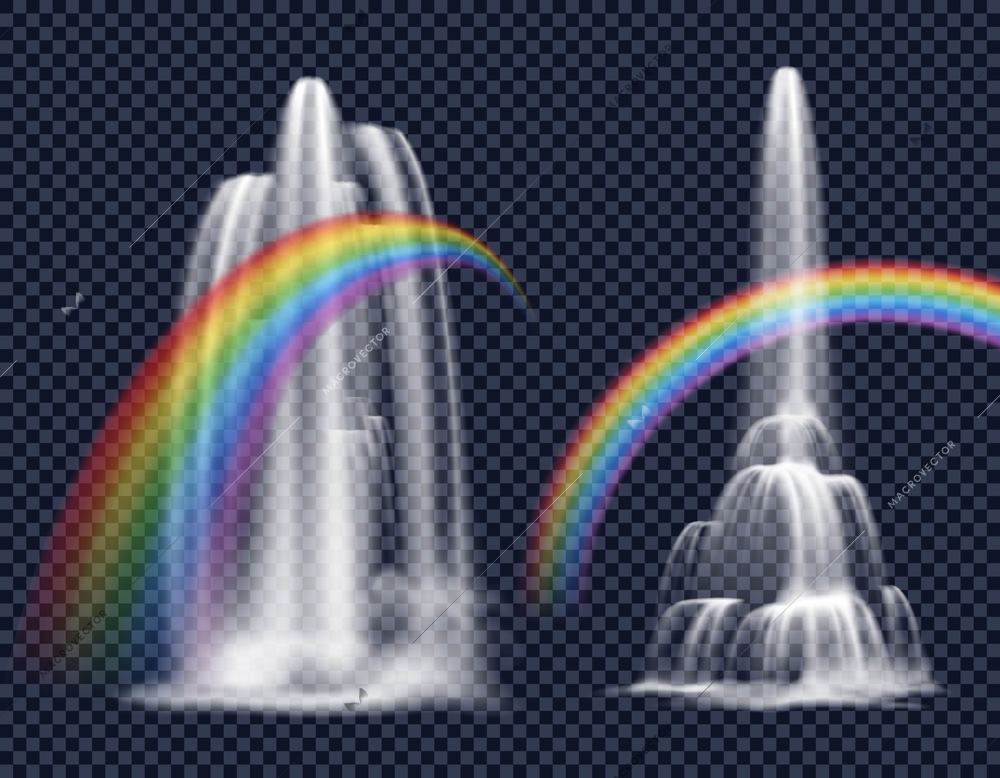 Set of isolated decorative elements representing waterfall cascade with rainbow on transparent background in realistic style vector illustration